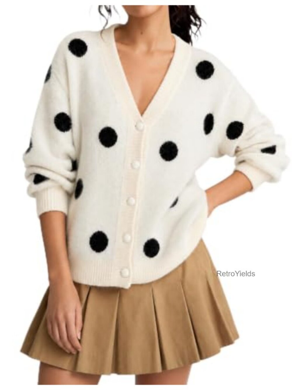 Womens Fuzzy Polka Dot Cardigan V Neck Button Up Knit Sweater